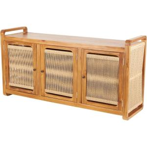 image:imageDeco 79 Teak Wood Handmade Room Cabinet 3 Door Storage Cabinet with Rattan Front and Sides Accent Cabinet 63 x 18 x 32 Brown