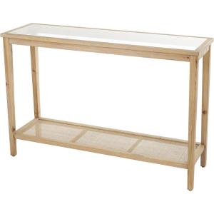 image:imageDeco 79 Wood Slim Natural 1 Shelf Console Table with Glass Top and Rattan Shelf 47 x 14 x 32 Brown
