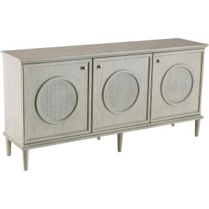 image:imageDeco 79 Wooden Media Credenza Sideboard Washed Circular Woven Rattan 3 Door Storage Cabinet with Round Silver Knobs Accent Cabinet 66 x 16 x 33 Light Gray
