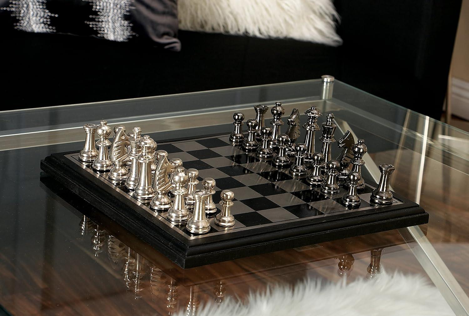 image:imageDeco 79 Aluminum Chess Game Set with Black and Silver Pieces 17 x 17 x 6 SilverBlack