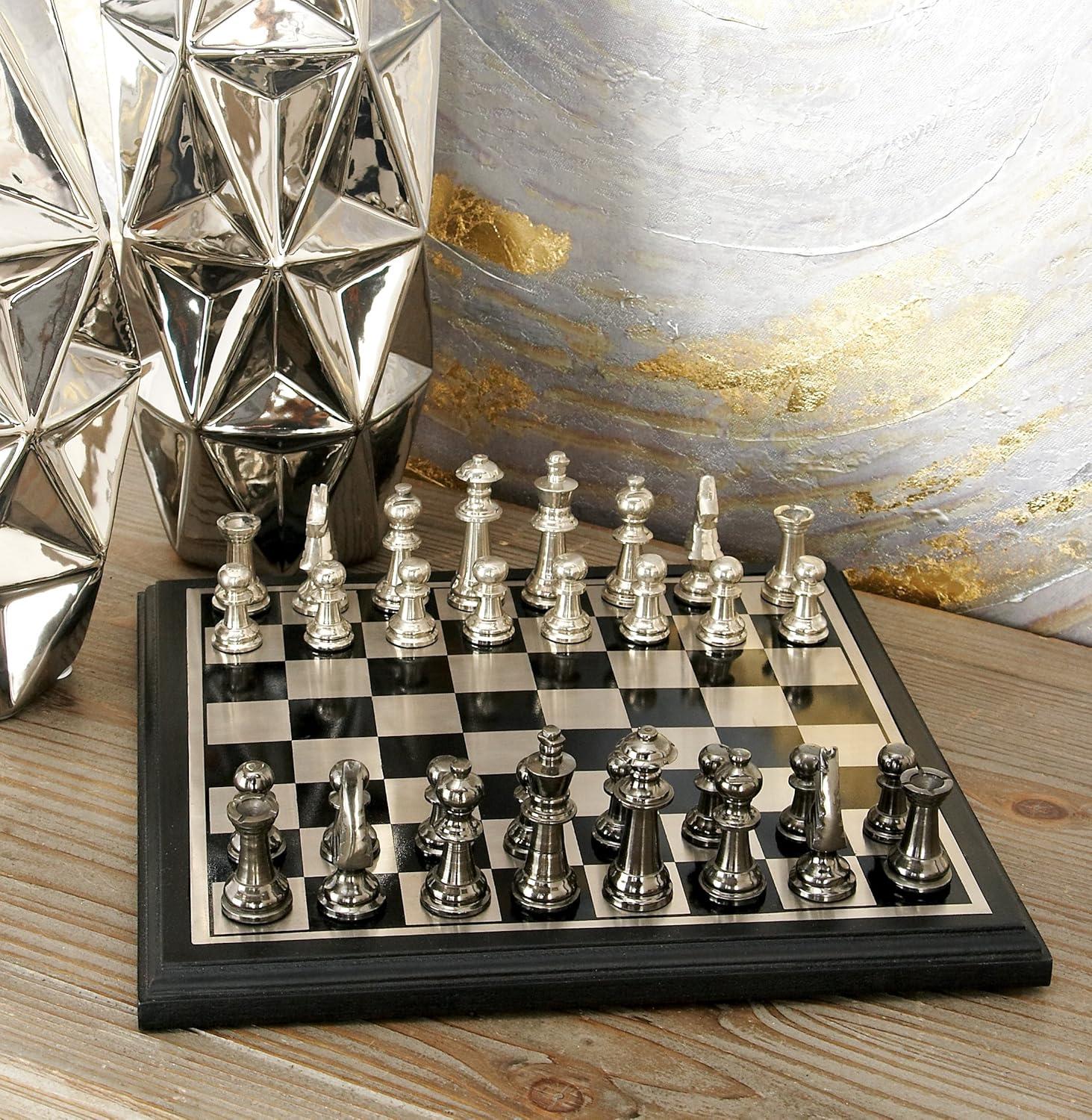 image:imageDeco 79 Aluminum Chess Game Set with Black and Silver Pieces 17 x 17 x 6 SilverBlack