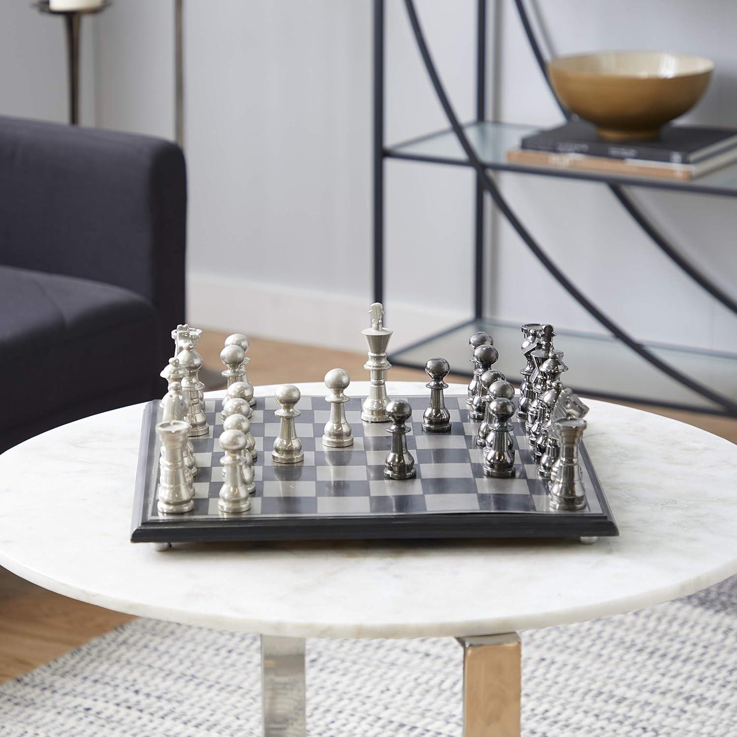 image:imageDeco 79 Aluminum Chess Game Set with Black and Silver Pieces 17 x 17 x 6 SilverSilver