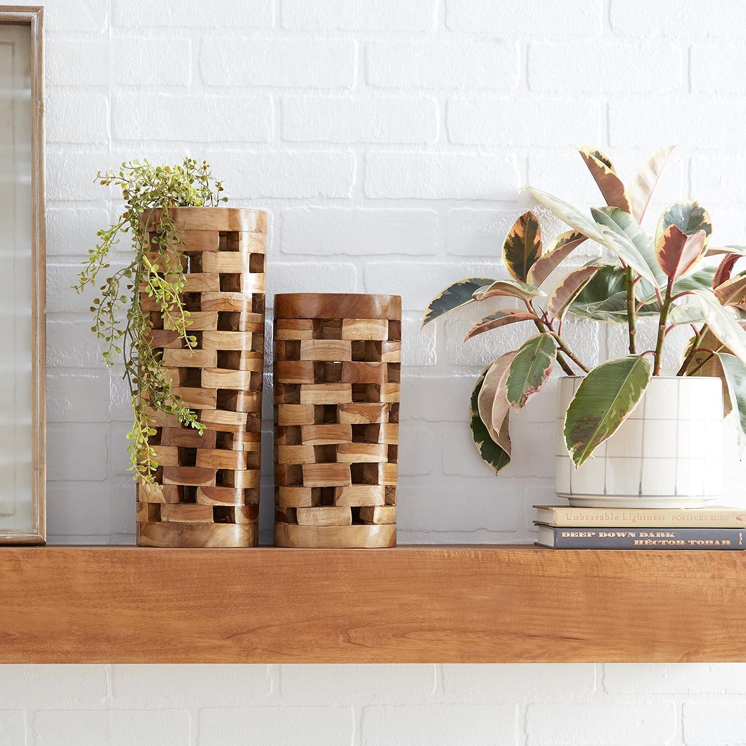 image:imageDeco 79 Teak Wood Handmade Decorative Vase Centerpiece Vases with Cut Out Patterns Set of 2 Vases for Home Decoration 16 12 H Brown