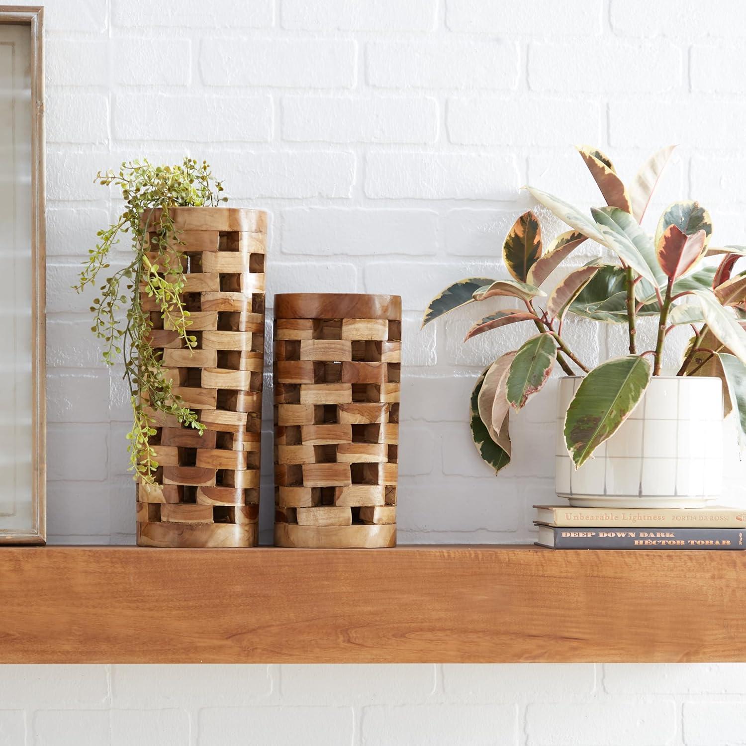 image:imageDeco 79 Teak Wood Handmade Decorative Vase Centerpiece Vases with Cut Out Patterns Set of 2 Vases for Home Decoration 16 12 H Brown