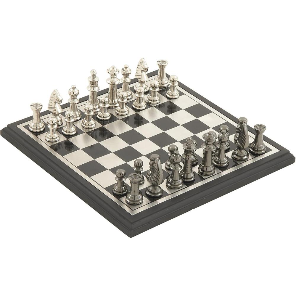 image:imageDeco 79 Aluminum Chess Game Set with Black and Silver Pieces 17 x 17 x 6 SilverBlack