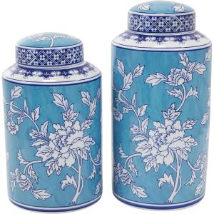 image:imageDeco 79 Ceramic Living Room Decorative Jars Decorative Container with White Floral Patterns Set of 2 Jar with Lid 12 14 H Blue