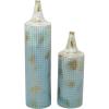 image:imageDeco 79 Metal Geometric Decorative Vase Distressed Tall Centerpiece Vases with Grid Pattern and Gold Accents Set of 2 Flower Vases for Home Decoration 25 18H Blue