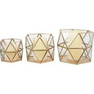 image:imageCosmoLiving by Cosmopolitan Metal Geometric Wide Diamond Patterned Hexagon Candle Lantern with Clear Glass Set of 3 8 7 6 H Gold