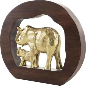 image:imageDeco 79 Aluminum Metal Elephant Decorative Sculpture Home Decor Statue with Brown Wooden Frame Accent Figurine 14 x 2 x 12 Gold