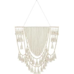 image:imageDeco 79 Cotton Fabric Macrame Handmade Home Wall Decor Intricately Weaved Wall Sculpture with Beaded Fringe Tassels Wall Art 40 x 3 x 66 White