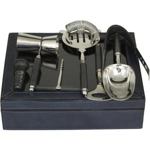 image:imageDeco 79 Leather Bar Tool Set 7 Piece with Decorative Box 9 x 11 x 3 Dark Blue