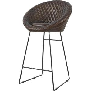 image:imageDeco 79 Leather Round Diamond Tufted Bar Stool with High Back and Black Metal Legs Set of 2 25 W 42 H BrownDark Brown