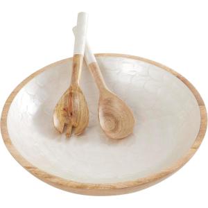image:imageDeco 79 Mango Wood Handmade Decorative Bowl with Matching Salad Serving Utensils Set of 3 15 11 11W CreamCream