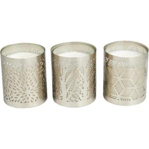 image:imageDeco 79 Metal Geometric Decorative Candle Vanilla Marshmallow Scented 13 oz 1 Wick Aromatherapy Candle with White Wax Set of 3 Wax Aromatherapy Candle 4 W 4 H Silver