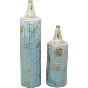 image:imageDeco 79 Metal Geometric Decorative Vase Distressed Tall Centerpiece Vases with Grid Pattern and Gold Accents Set of 2 Flower Vases for Home Decoration 25 18H Blue