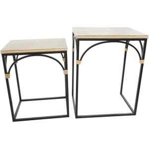 image:imageDeco 79 Metal Side End Accent Table Arched End Table with Wood Zig Zag Patterned Top and Rattan Accents Set of 2 Side Table 24 21 H Black