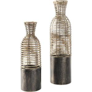 image:imageDeco 79 Plastic Rattan Handmade Decorative Vase Open Framed Centerpiece Vases with Bronze Metal Bases Set of 2 Vases for Home Decoration 25 19 H Light Brown