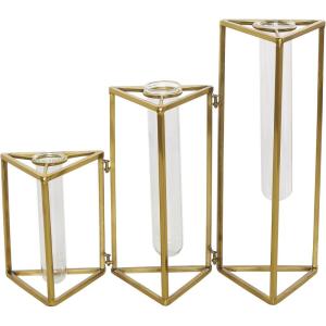 image:imageDeco 79 Stainless Steel Metal Decorative Vase Foldable Test Tube Bud Centerpiece Vase with Triangular Frames Flower Vase for Home Decoration 14 x 4 x 12 Gold