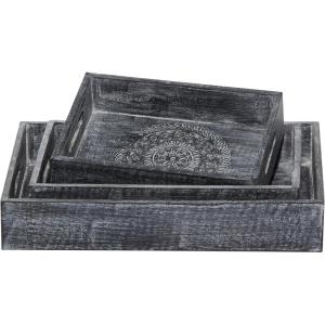 image:imageDeco 79 Wood Floral Intricate Carved Tray Set of 3 12 15 18W Black