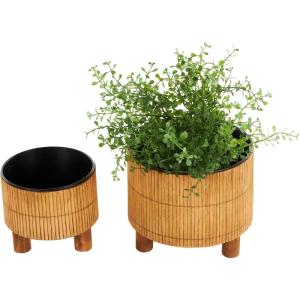 image:imageDeco 79 Bamboo Wood Handmade Indoor Planter Small Planter Pot with Black Metal Interior Set of 2 Planters 9 8 H Brown6  5H