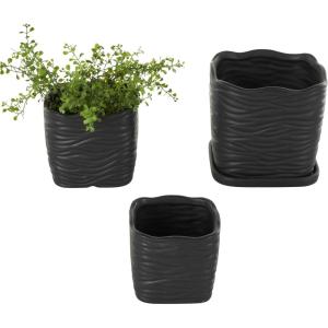 image:imageDeco 79 Ceramic Indoor Outdoor Planter Small Planter Pot with Overlapping Green Arches and Attached Saucer Set of 3 Planters 765H WhiteBlack