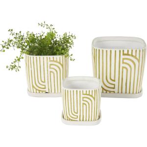 image:imageDeco 79 Ceramic Indoor Outdoor Planter Small Planter Pot with Overlapping Green Arches and Attached Saucer Set of 3 Planters 765H WhiteGreen