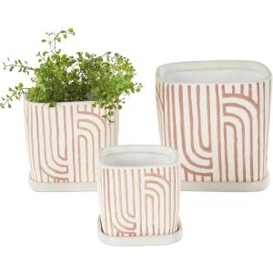 image:imageDeco 79 Ceramic Indoor Outdoor Planter Small Planter Pot with Overlapping Green Arches and Attached Saucer Set of 3 Planters 765H WhitePink