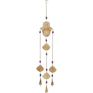 image:imageDeco 79 Eclectic Mango Wood Hamas Hand Windchime with Multiple Bells and Lotuses 5L x 32H Brown