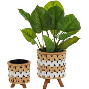 image:imageDeco 79 Jute Rope Geometric Handmade Indoor Planter Woven Chevron Small Planter Pot with Black Metal Pots and Wooden Legs Set of 2 Planters 13 9H Brown