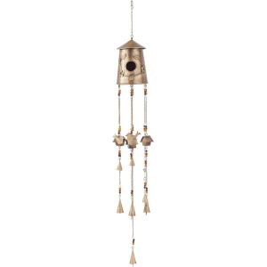 image:imageDeco 79 Metal Indoor Outdoor Birdhouse Windchime with Glass Beads and Bells 6 x 6 x 42 Bronze
