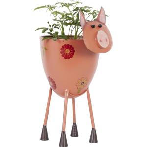 image:imageDeco 79 Metal Pig IndoorOutdoor Planter  Large Planter Pot with Floral Accents 8 x 14 x 16 PinkPink