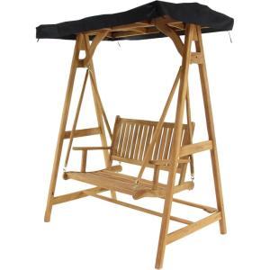 image:imageDeco 79 Teak Wood Indoor Outdoor Bench Swing with Black Awning 60 x 40 x 77 Brown