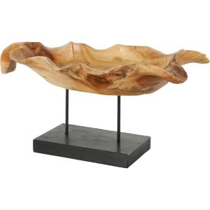 image:imageDeco 79 Teak Wood Leaf Decorative Sculpture Floating Home Decor Statue with Black Stand and Base Accent Figurine 21 x 11 x 10 Brown