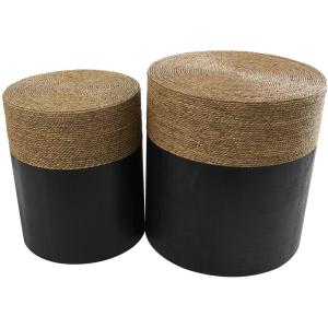 image:imageDeco 79 Wood Handmade Colorblock Wrapped Accent Table with Dried Plant Tabletops Set of 2 20 18 H Black