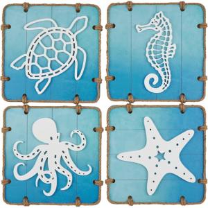 image:imageDeco 79 Wooden Sea Life Home Wall Decor Ombre Wall Sculpture with Rope Accents Set of 4 Wall Art 16 W 16 H Blue
