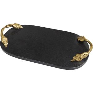 image:imageDeco 79 Marble Living Room Decor Tray Oval Ottoman Tray with Gold Leaf Handles Serving Tray 19 x 10 x 2 BlackBlack