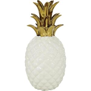 image:imageCosmoLiving by Cosmopolitan Porcelain Ceramic Fruit Decorative Sculpture Pineapple Home Decor Statue with Gold Leaves Accent Figurine 4 x 4 x 10 White