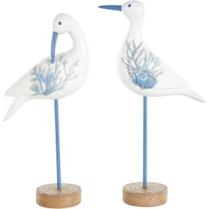 image:imageDeco 79 Polystone Bird Decorative Sculpture Home Decor Statues with Blue Coral Patterns and Wood Inspired Bases Set of 2 Accent Figurines 16 15H WhiteWhite