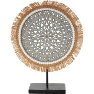 image:imageDeco 79 Wooden Tribal Handmade Decorative Sculpture Seagrass Fringed Home Decor Statue with Black Base Accent Figurine 14 x 4 x 18 Gray