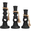 image:imageDeco 79 Wood Handmade Decorative Candle Holder Textured Matte Candle Stand with Beaded Garland Accent Set of 3 Candlestick Holder 14 12 10 H Black