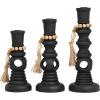 image:imageDeco 79 Wood Handmade Decorative Candle Holder Textured Matte Candle Stand with Beaded Garland Accent Set of 3 Candlestick Holder 14 12 10 H Black