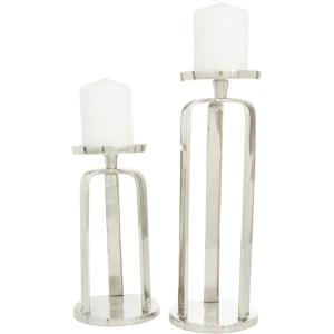 image:imageCosmoLiving by Cosmopolitan Aluminum Metal Geometric Decorative Candle Holder Pillar Candle Stand Set of 2 Candlestick Holder 14 10H Silver