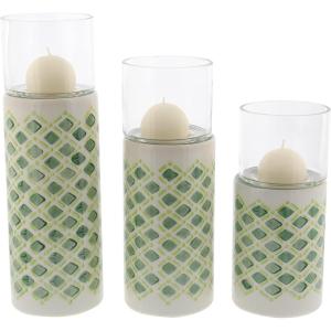 image:imageDeco 79 67110 LatticePatterned Ceramic Candle Holders 9 x 11 x 13 WhiteGreenClearWhiteGreenClear