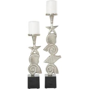 image:imageDeco 79 Aluminum Metal Shell Decorative Candle Holder Candle Stand with Black Marble Bases Set of 2 Candlestick Holder 20 14 H SilverSilver