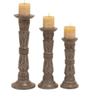 image:imageDeco 79 Mango Wood Tribal Candle Holder Set of 3 18 15 12H Light Brown