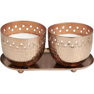 image:imageDeco 79 Metal Sauvignon Blanc Scented Cutout Spotted Double 7 oz 1 Wick Candle with White Wax and Tray Set of 2 8 W 4 H CopperWhite
