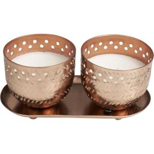 image:imageDeco 79 Metal Tropical Breeze Scented Cutout Spotted Double 7 oz 1 Wick Candle with White Wax and Tray Set of 2 8 W 4 H Copper
