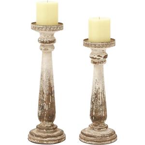 image:imageDeco 79 Wood Distressed Pillar Candle Holder Set of 2 13 15H Brown