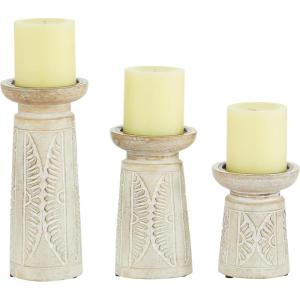 image:imageDeco 79 Wood Floral Handmade Decorative Candle Holder Intricate Carved Pillar Candle Stand Set of 3 Candlestick Holder 10 8 6H White