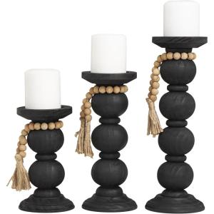 image:imageDeco 79 Wood Handmade Decorative Candle Holder Bubble Inspired Matte Candle Stand with Beaded Garland Accent Set of 3 Candlestick Holder 15 12 9 H Black